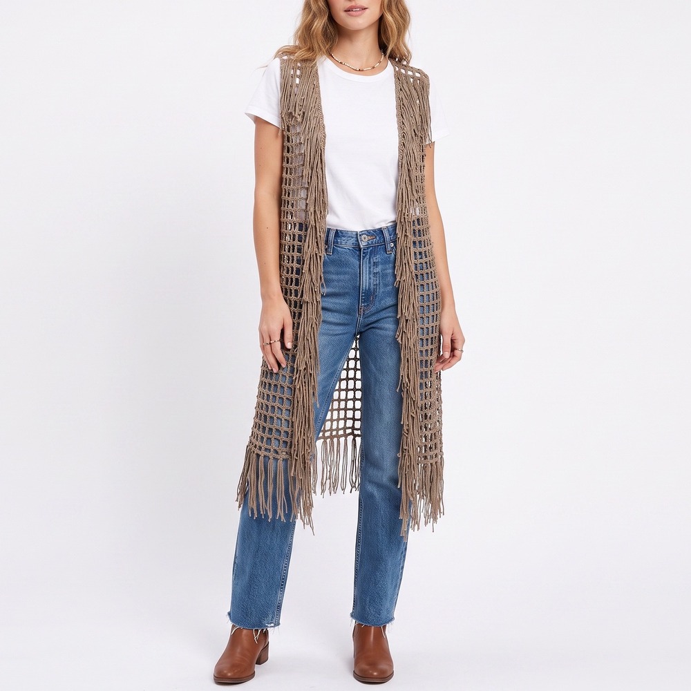 Origami Vest Womens S/M Brown Fringe Open Knit Crochet Shaggy Excellent